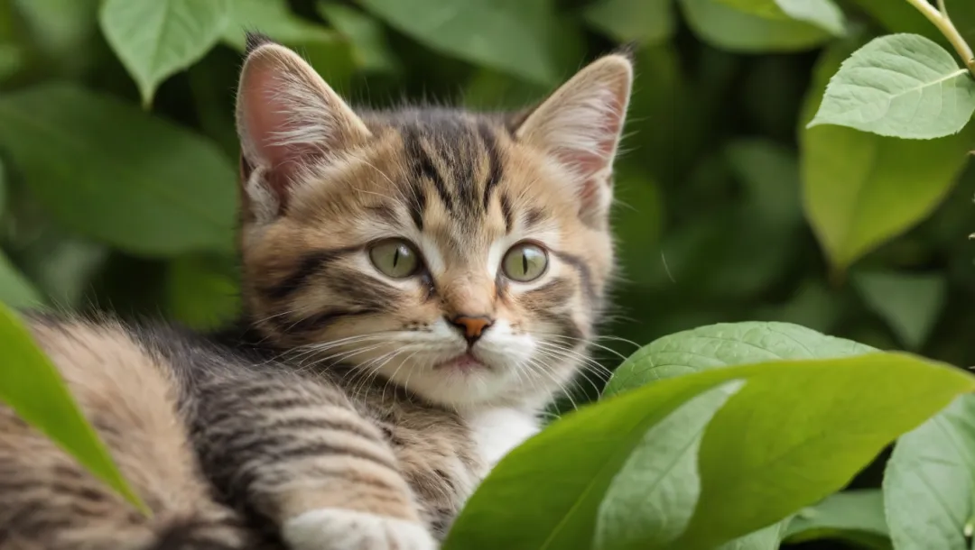 Comelnya Anak Kucing Tidur di Tengah Pokok Daun